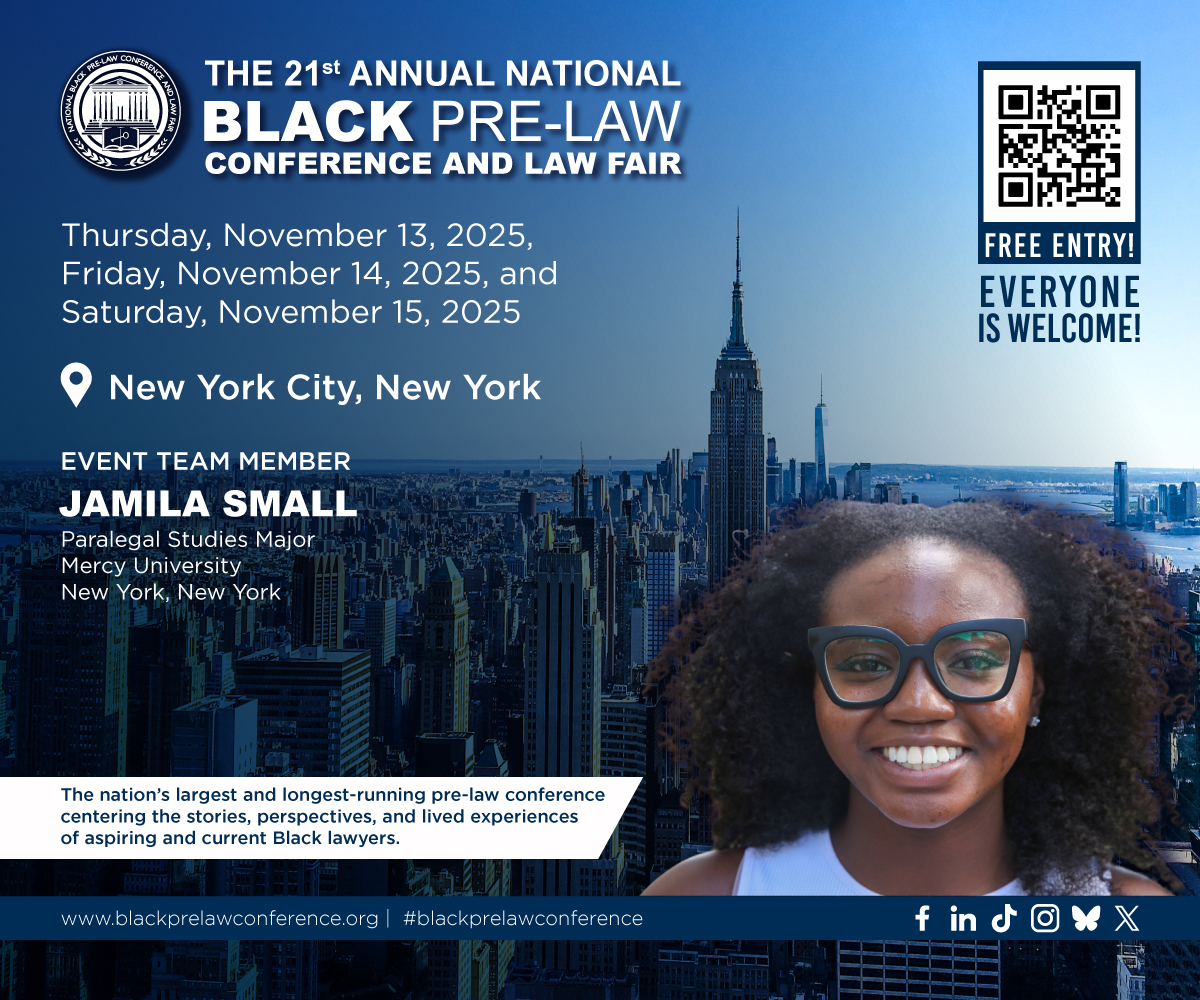 blackprelawconf's tweet image. ✨ EVENT TEAM SPOTLIGHT ✨

Meet Jamila Small, Paralegal Studies major at Mercy University NY, bringing her passion for justice, organization, and advocacy to the #NBPLC2025 Event Team! See you there!

📍 Nov 13–15 | NYC
🔗 bit.ly/3H7fCQK 

#NBPLC2025 #PreLaw