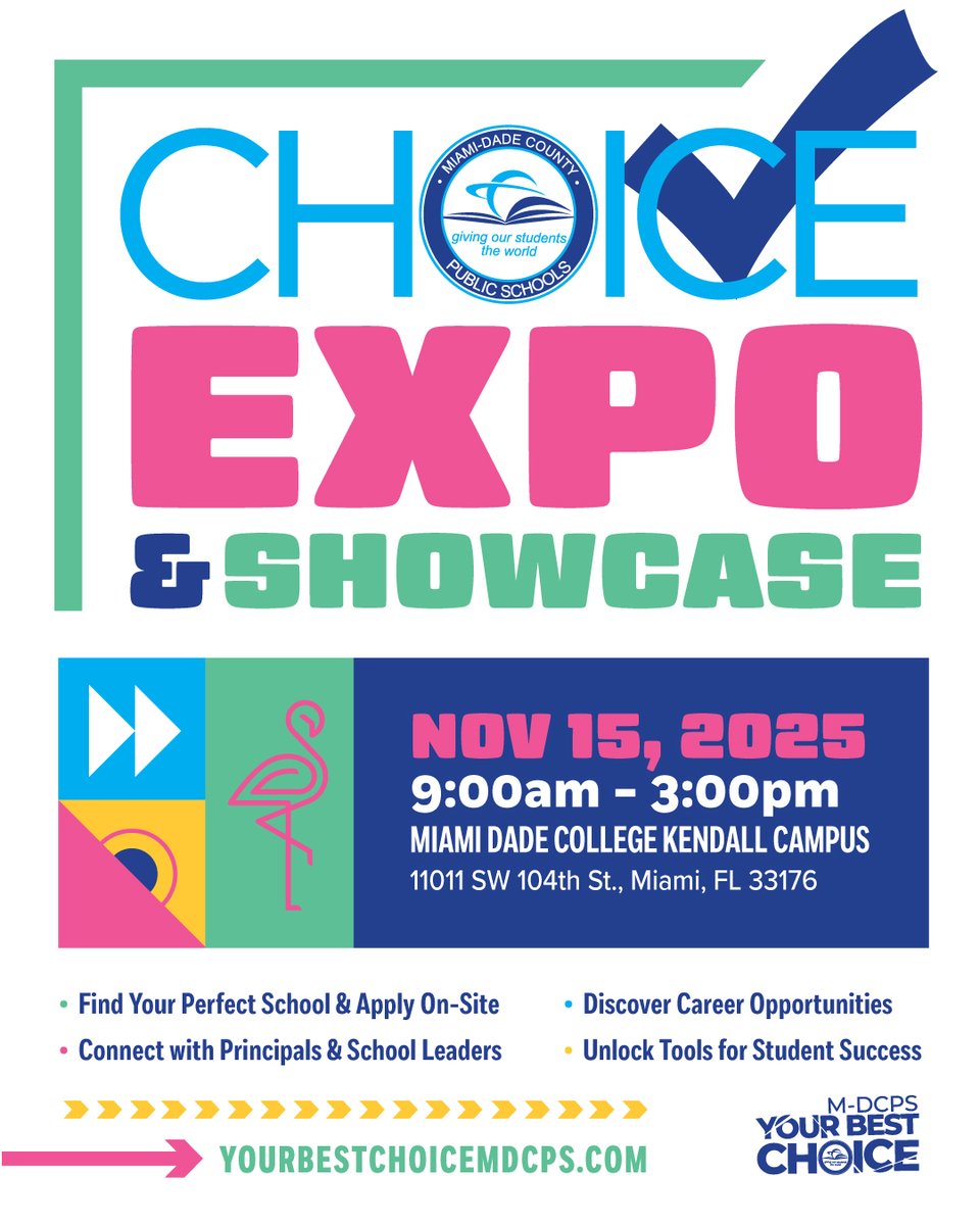 MDCPS's tweet image. See You TOMORROW! 👋 The South @MDCPS Choice Expo &amp;amp; Showcase is happening this Saturday, 11/15, at @MDCCollege Kendall Campus. Stop by anytime between 9AM &amp;amp; 3PM to explore your future school options! Get your pass before you arrive: yourbestchoicemdcps.com #YourBestChoiceMDCPS