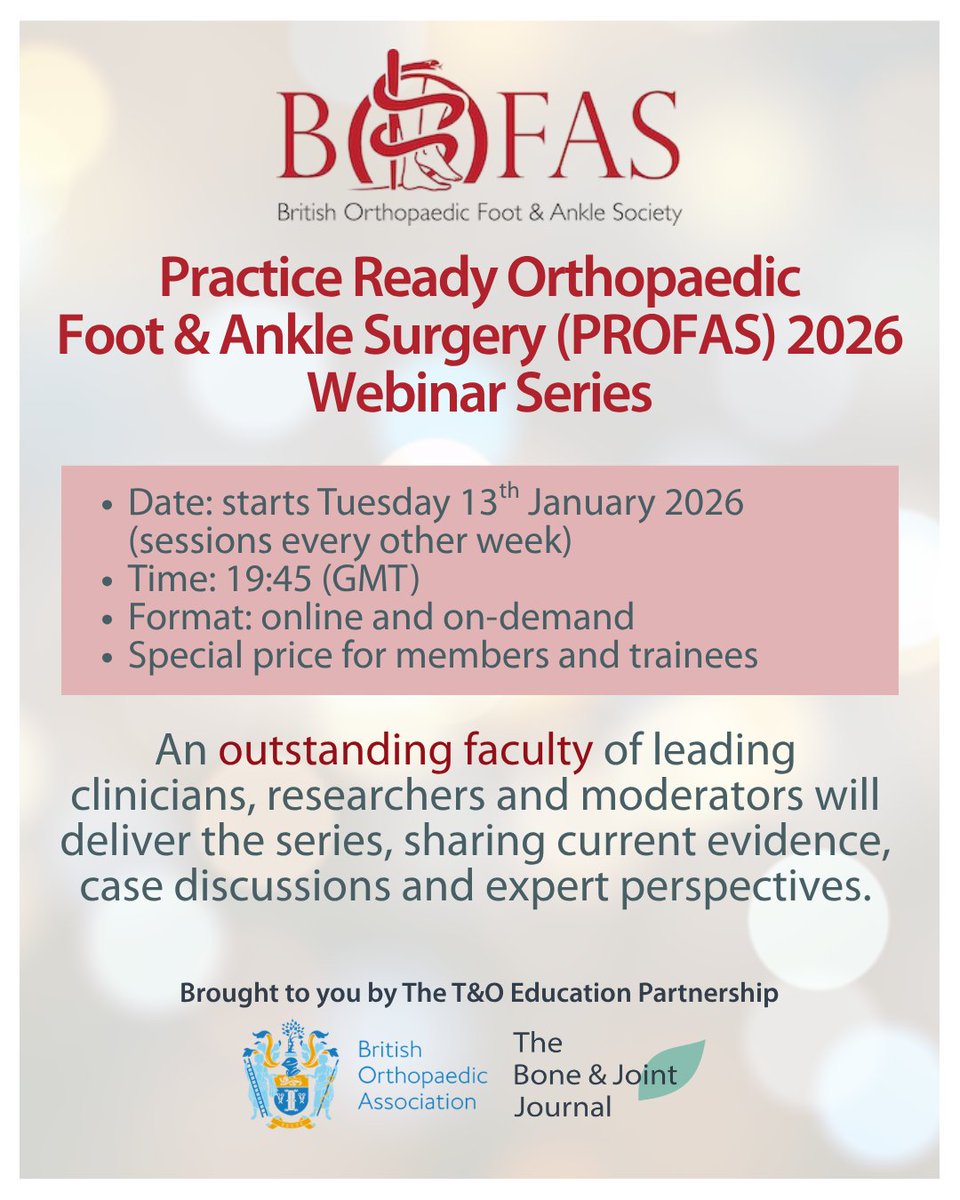 BoneJointJ's tweet image. 🌟 𝗣𝗥𝗢𝗙𝗔𝗦 𝟮𝟬𝟮𝟲 👣

Running for 28 sessions, the PROFAS #webinar series will be delivered by an 𝗼𝘂𝘁𝘀𝘁𝗮𝗻𝗱𝗶𝗻𝗴 𝗳𝗮𝗰𝘂𝗹𝘁𝘆 of leading #clinicians who'll share current #evidence, case discussions &amp;amp; expert perspectives.

Register today!

ow.ly/GSNa50Xq2gR