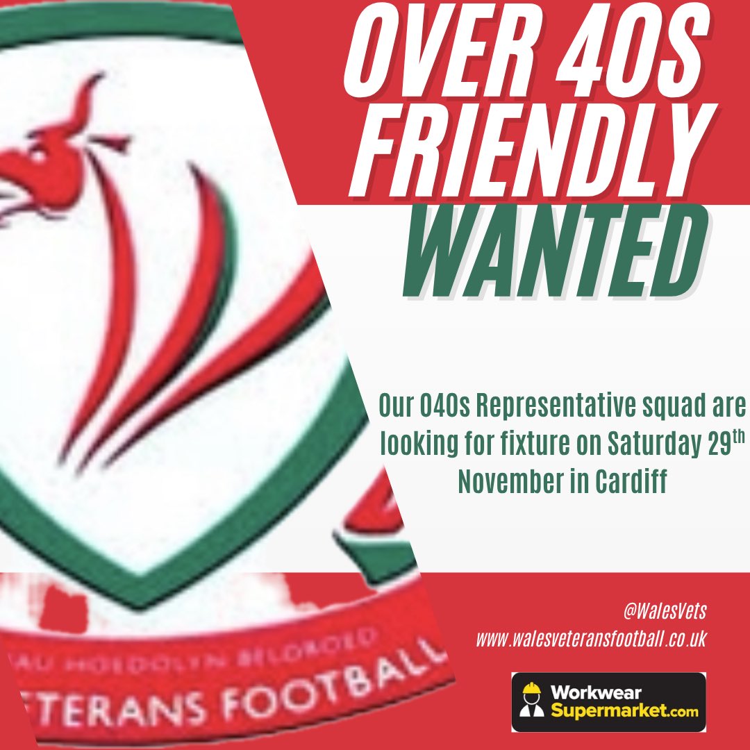 FRIENDLY WANTED

Our Over 40s Representative squad are looking for a friendly after having a team drop out on Saturday 29th November - Pitch all confirmed in Cardiff

Happy to play an O35s team if needed

Please drop us a private message if interested

#VetsFootball ❤️🏴󠁧󠁢󠁷󠁬󠁳󠁿⚽️