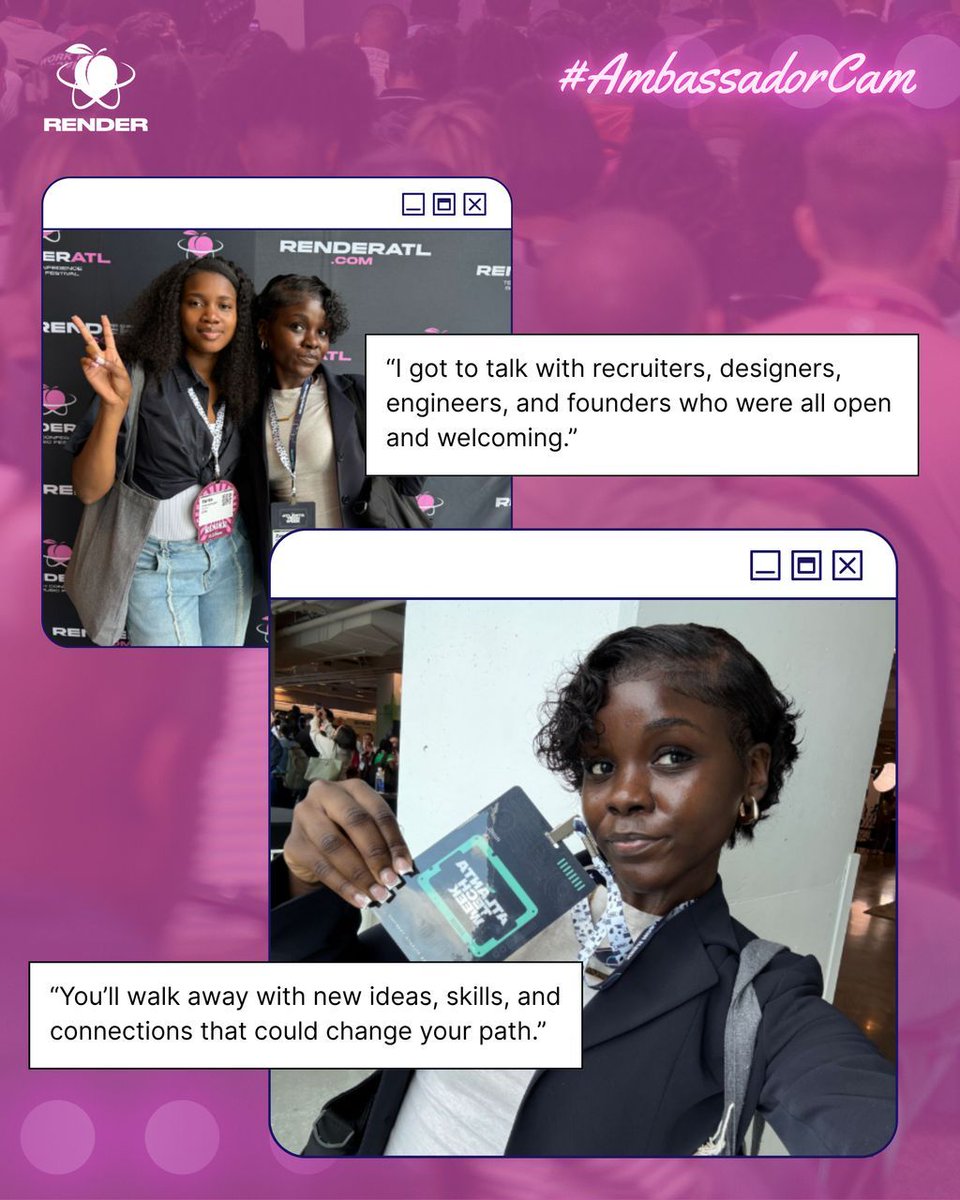 RenderATL's tweet image. Swipe for Zawadi&apos;s take on the conference experience. RenderATL 2026 is where your next big connection happens.

Tickets are moving fast. Secure yours today at Renderatl.com