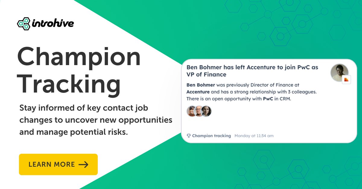 Introhive's tweet image. Growth is so much easier when you know exactly where your champions are. Receive instant alerts and identify warm leads or potential risks the moment your champions move on, so you can turn transitions into new opportunities. Learn more: hubs.la/Q03z9lr00