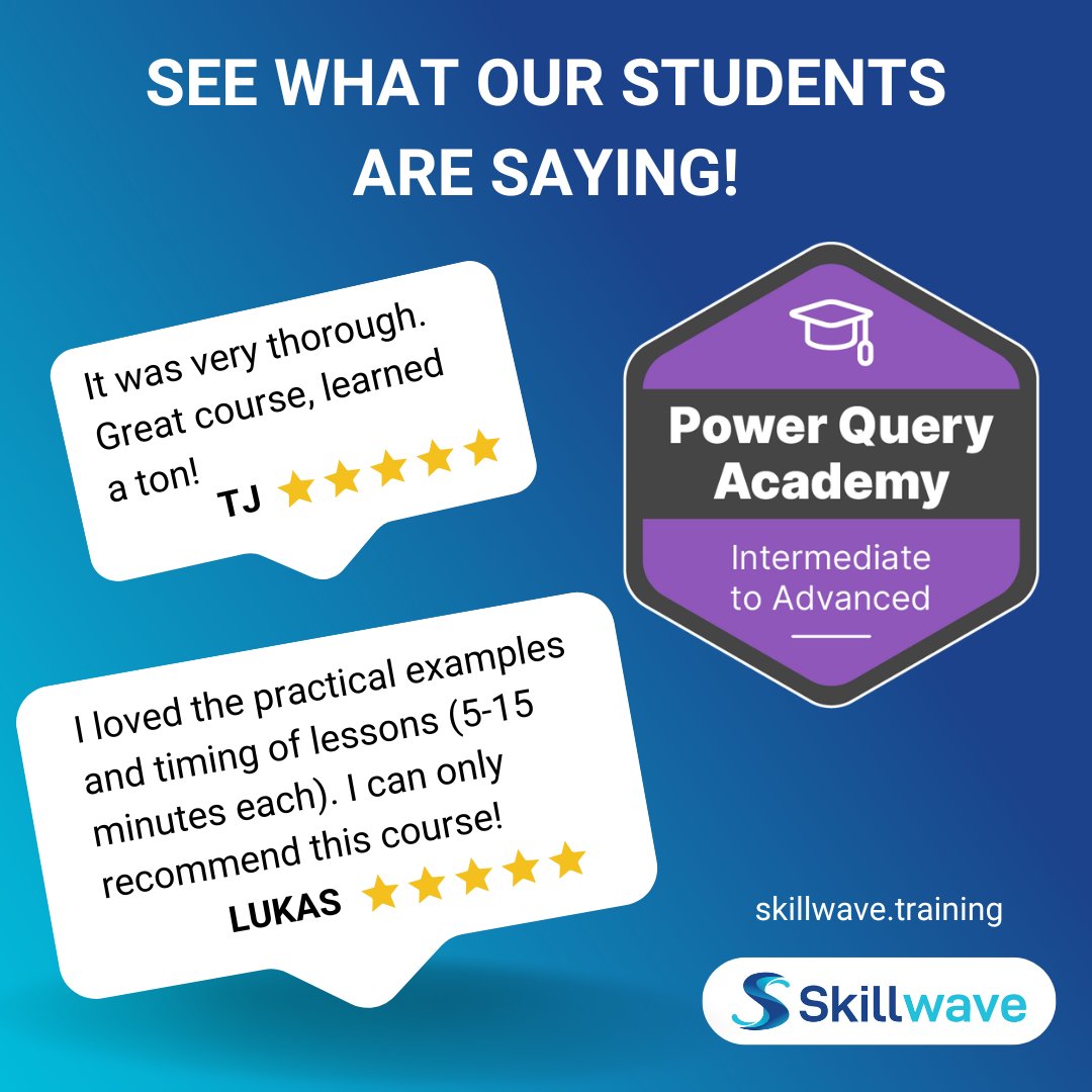 skillwave_'s tweet image. See why students love our #PowerQuery course!✨
We&apos;ll help you unlock the true power of your data in #Excel and #PowerBI! Say goodbye to hours of manual #DataManipulation and hello to quick #DataInsights and informed decisions. Join our course today: skw-t.com/pqa