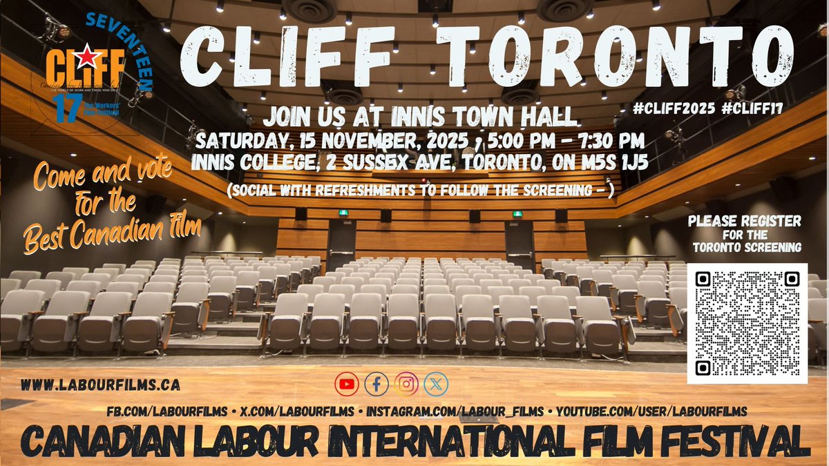 Don't have plans for tomorrow night? 🤔

Check out the Canadian Labour International Film Festival in downtown Toronto! 📽️

There will be a vote for the best Canadian film and a social with refreshments to follow! 🍻

Register using the barcode below ⬇️
