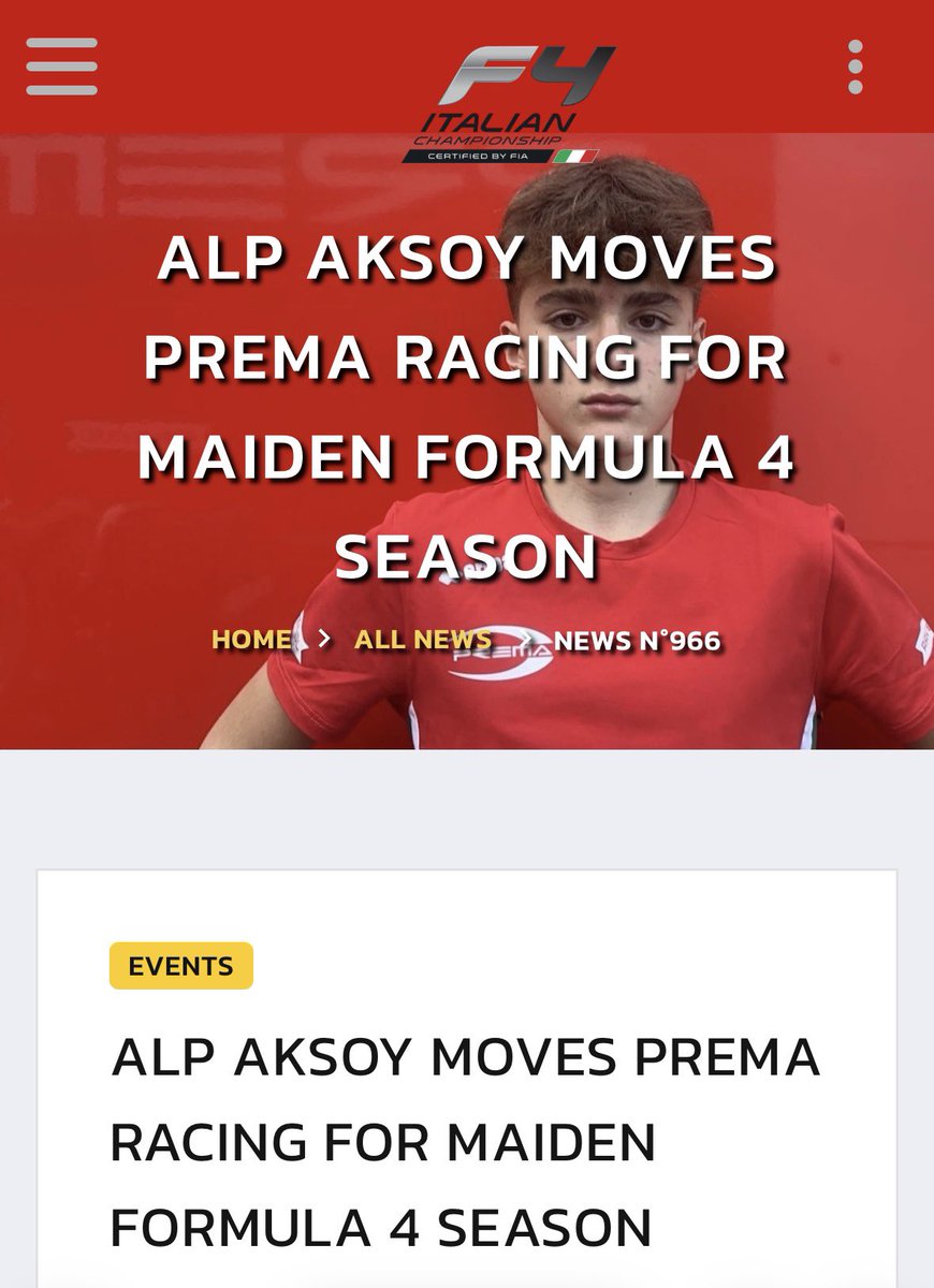 15 yaşındaki Türk Pilot Alp Hasan Aksoy, Formula 4’ün en şöhretli takımı olan Prema ile Formula 4 ‘te yarışacak. 💪🇹🇷🙏