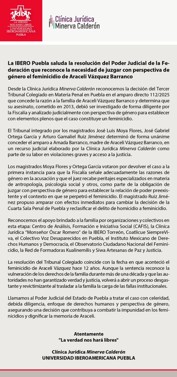 La IBERO Puebla saluda la resolución del Poder Judicial de la Federación que reconoce la necesidad de juzgar con perspectiva de género el feminicidio de Araceli Vázquez Barranco.