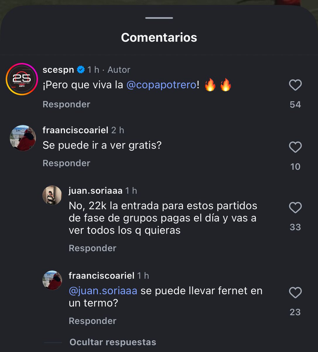 Quiere tomarse un fernet y ver la copa potrero el tipaso.