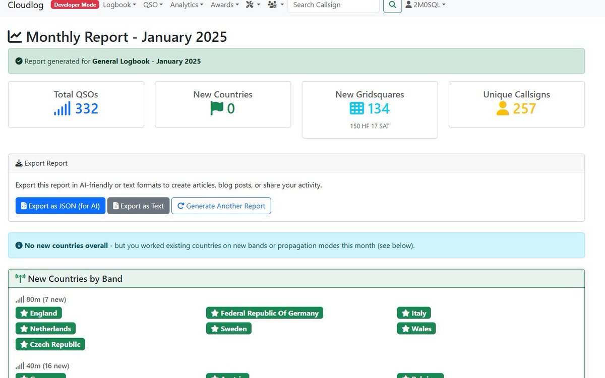 2m0sql's tweet image. Coming soon to Cloudlog.. Monthly Report generators it can even output a json file that you can feed into your favourite AI tool to generate automatic blog posts
