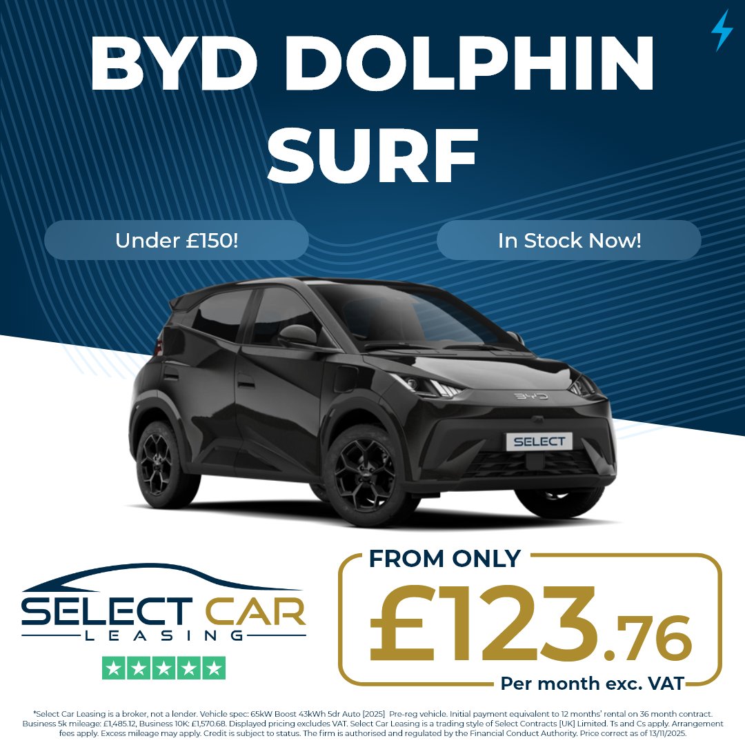 SelectCLBurySE's tweet image. BYD’s smarty-styled EV, the Dolphin Surf could be your next compact electric car with an affordable price tag from £123.76 a month*
Click the link to find out more → eu1.hubs.ly/H0pG0N30
*Price correct as of posting