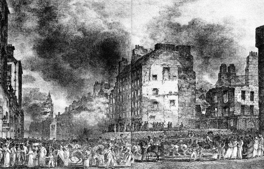 #OnThisDay 201 years ago, the great fire of Edinburgh started from an engravers' workshop on Old Assembly Close. It lasted five days and destroyed almost every building on the south side of the High Street, to Parliament Square and most properties toward the Cowgate.