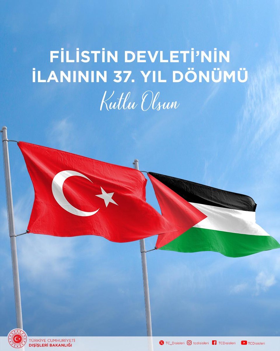 Dost ve kardeş Filistin Devleti’nin kuruluşunun 37. yıldönümü kutlu olsun!

Türkiye olarak, Filistin halkının vazgeçilmez haklarını savunmaya ve haklı davasını desteklemeye devam edeceğiz.

Ülkemizin, kalıcı barış için iki devletli çözüm temelinde 1967 sınırlarında, başkenti Doğu