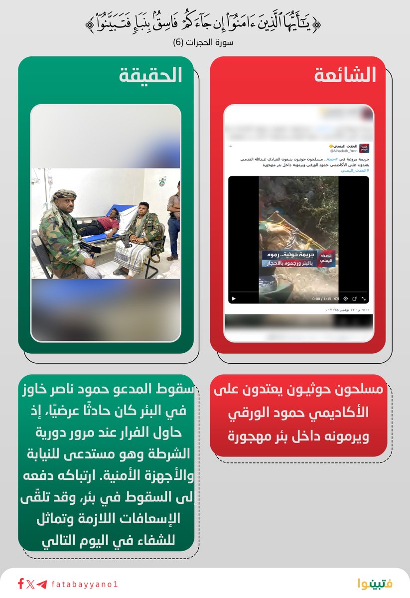 روجت أبواق الصهيونية شائعة جديدة ادّعوا فيها أن الأجهزة الأمنية اعتدت على المواطن "حمود الورقي" وألقوه داخل بئر مهجورة.

والحقيقة أن سقوط المدعو "حمود ناصر خاوز" في البئر كان حادثًا عرضيًا، إذ حاول الفرار عند مرور دورية الشرطة، وهو مستدعى للنيابة والأجهزة الأمنية. وقد دفعه