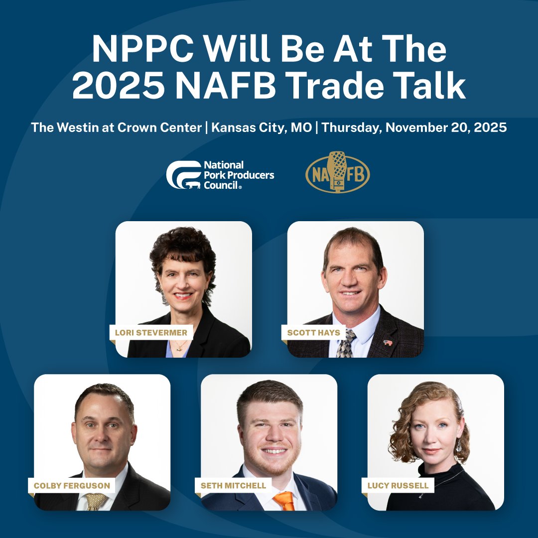 NPPC's tweet image. Catch NPPC at the 2025 NAFB Trade Talk next Thursday, November 20 in Kansas City! Our team will be connecting with ag broadcasters to share insights on the key challenges and opportunities in the pork industry.

Learn more about #NAFB25: nafb.com/events/trade-t…. #PorkPriorities
