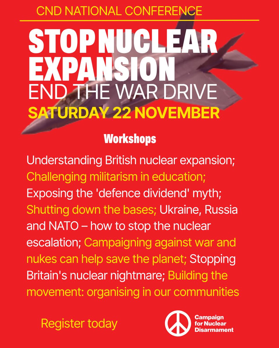 Just over a week to go until our conference, Stop Nuclear Expansion, End the War Drive!

We're happy to announce our finalised lineup of speakers and workshops.

Get involved and register today: cnduk.org/events/no-to-w…