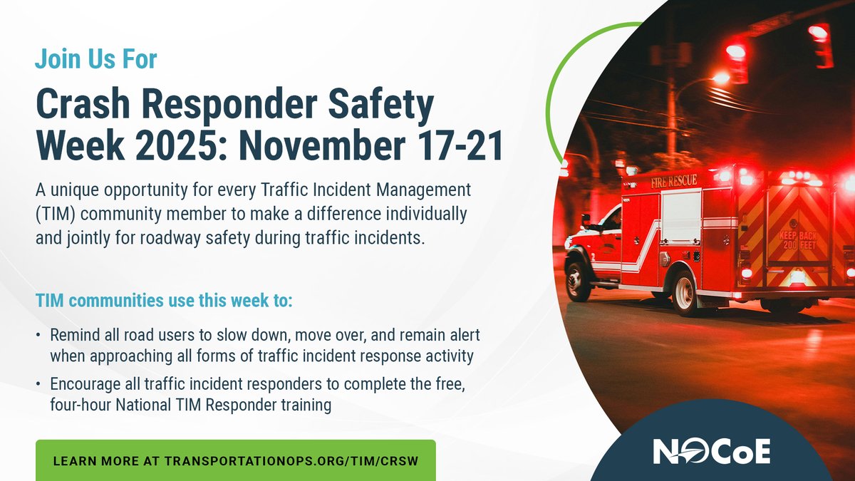 NOCoEOps's tweet image. Join us next week for Crash Responder Safety Week!
2025 is the 10th year that Federal, State, and local agencies have come together for CRSW. The theme for the 2025 CRSW is &quot;Safety Starts With You – Slow Down and Move Over!&quot; 
Review the CRSW 2025 Outreach Toolkit to learn more…