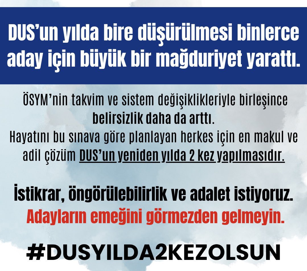 Dus’un yılda bire düşürülmesi ve tarihin bu denli uzağa alınması pek çok meslektaşımızın mesleki planlarını sekteye uğratmıştır.Buna sadece “planlar ertelendi” gözüyle bakılmaması gerekiyor ;bu süreçte yeni mezunlar ve aileleri, Dus’a çalışmak için özel sektörden istifa etmek