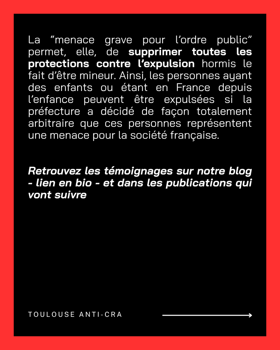 TÉMOIGNAGES DE PERSONNES ENFERMÉES AU CRA DE TOULOUSE CORNEBARRIEU
📝 Retrouvez l’article complet sur notre blog
toulouseanticra.noblogs.org/temoignages-de…
 
Ni CRA, ni prison, ni expulsions ! A bas le racisme d’État 🔥

#abaslescra #racismedetat #imperialism
