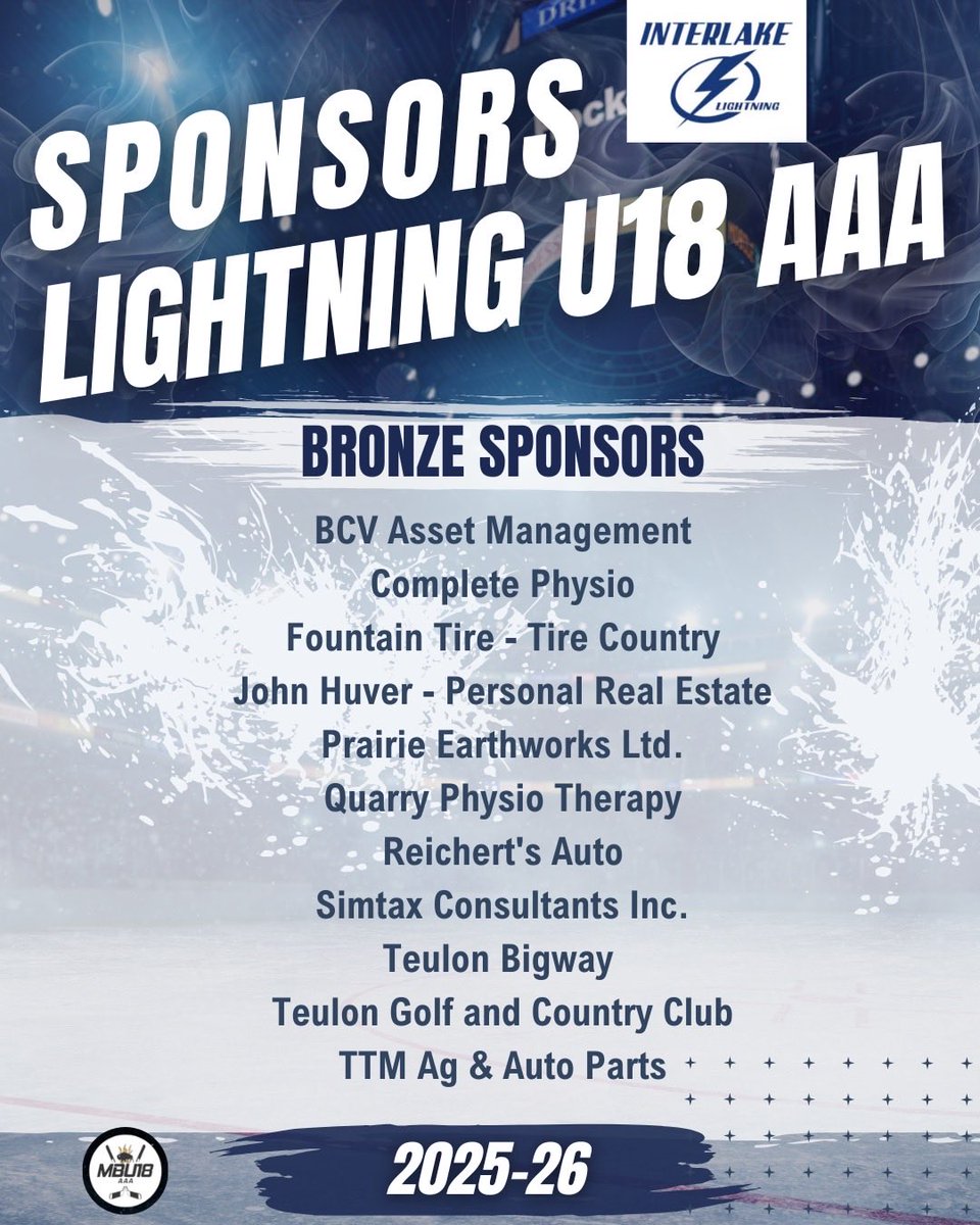 THANK YOU to our U18AAA Lightning sponsors for your support this season! Your commitment and generosity means so much to our players, families, and community! ⚡️💛