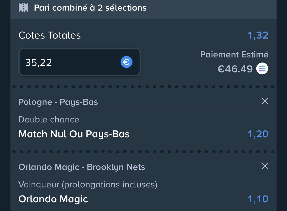 ElprofessorBET's tweet image. #Montante 

10 € ↗️ 10000€ ✨

▪️ Étape 6

 💎Pays bas ou nul x Orlando @ 1,32 

💰 35,22 € ↗  46,49 €

🫵JE VEUX VOIR UN MAX DE TICKET SOUS CE TWEET 🫵🫵🫵

 ❤ si tu suis l’etapes 6 

#TeamParieur #Parionssport #GamblingX