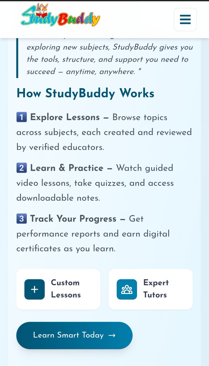 StudyBuddyAfr's tweet image. Booking a lesson is simple:

• Open StudyBuddy Africa
• Pick a subject
• Choose a teacher
• Pay from KSh 50

Your child starts learning immediately. Try it today.

studybuddy.africa

#StudyBuddyAfrica #studybuddy #elearning #EdTechKenya #student #teacherlife #ParentTips
