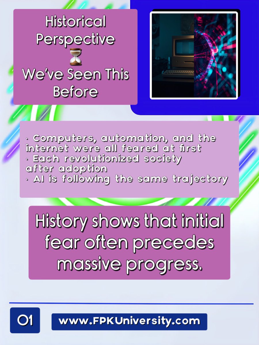 FPKUniversity's tweet image. Historical Perspective 

📜 History Repeats
Every major technology was feared before becoming essential. AI is no different.

#AIHistory #DigitalProgress #TechLiteracy