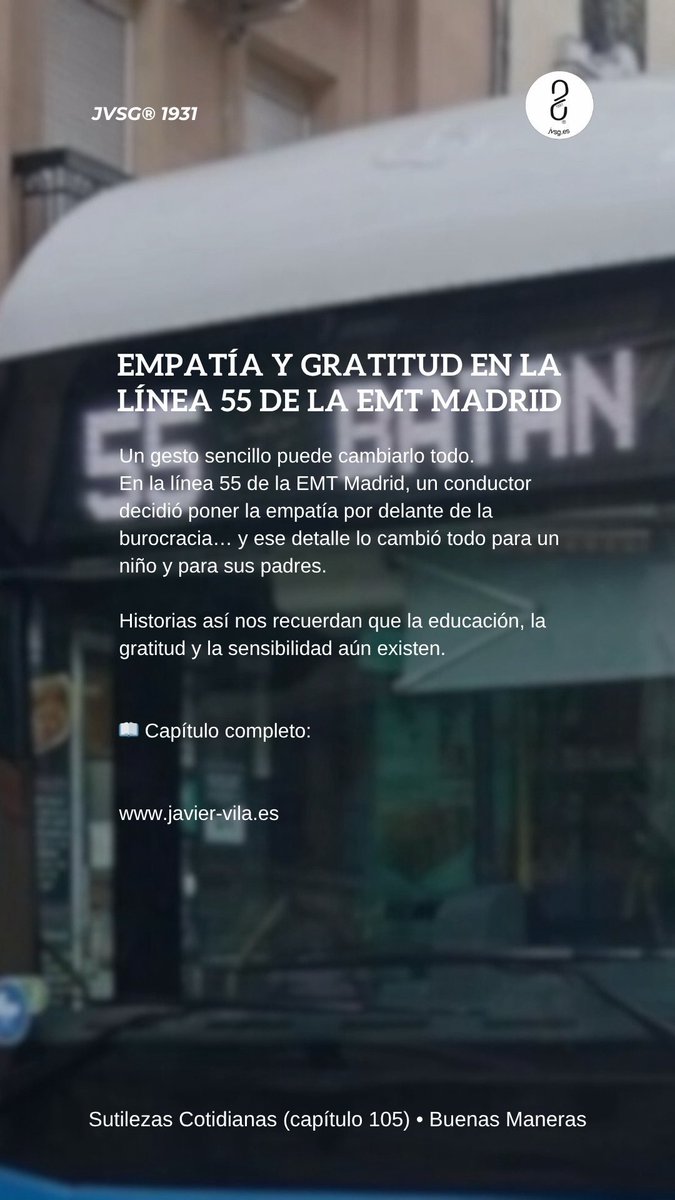 EMPATÍA Y GRATITUD EN LA LÍNEA 55 DE LA EMT MADRID

Un gesto sencillo puede cambiar una noche.
Un conductor de la línea 55 de la EMT Madrid dejó subir a un niño cuyo abono había caducado. Empatía, calma y humanidad.

Su padre lo agradeció públicamente, recordándonos que estos