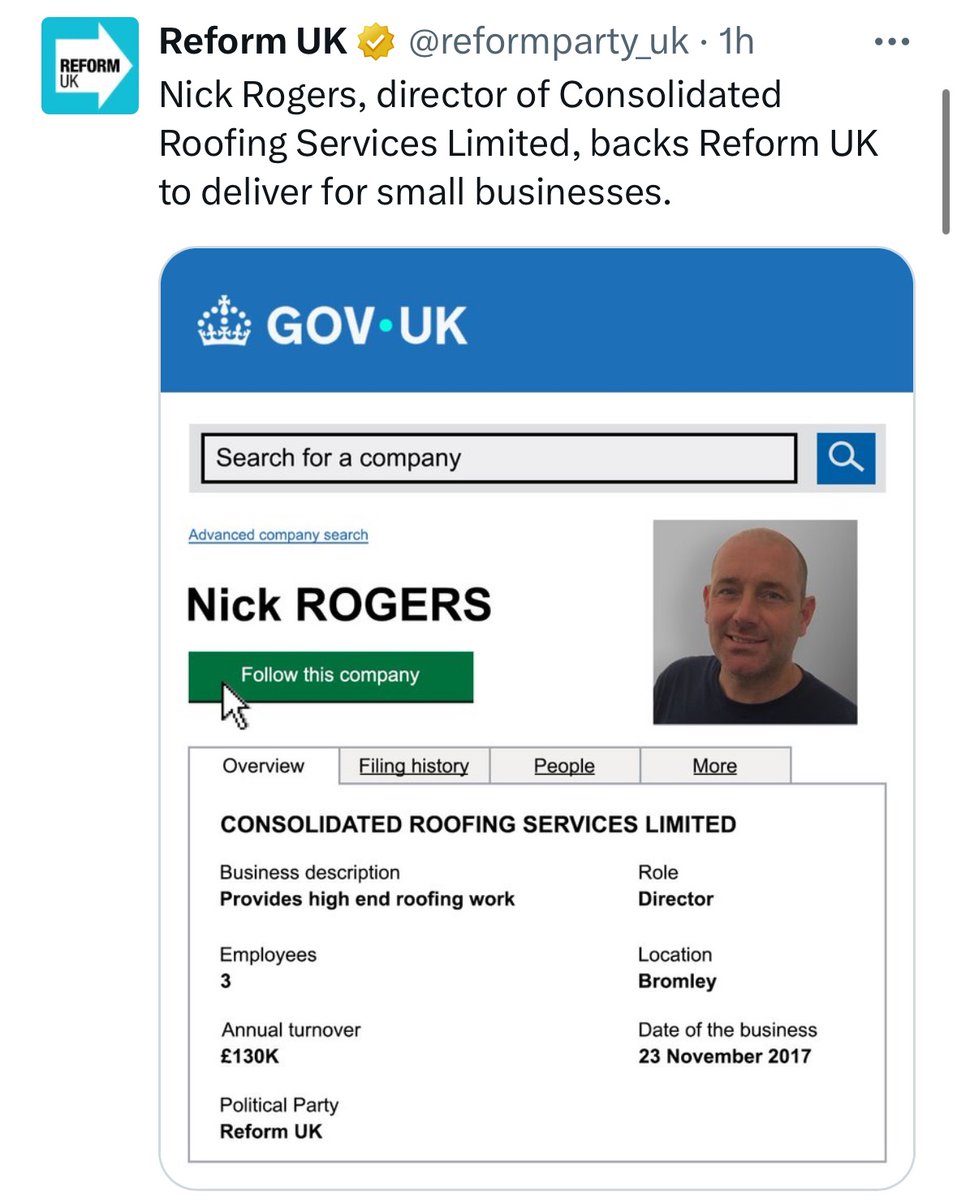 reformexposed's tweet photo. Seems @reformparty_uk are spoofing companies house.

This company Consolidated Roofing Supplies has faced compulsory strike off multiple times, and the owner seems to have had another company that was dissolved by compulsory strike off before coming back with a similar name. Classic move in building that…

https://t.co/2IyJhAdEvG

Also seems that if Reform UK were in government they would make you put your political party on your company records.