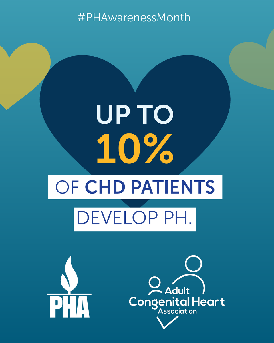 ACHA_Heart's tweet photo. Nearly 2 million U.S. adults have congenital heart disease, and between 3% and 10% of people with CHD will develop pulmonary hypertension.

If you’re living with CHD and experience shortness of breath, fatigue, swelling or chest pain, talk to your doctor. Early screening and regular follow-up with a specialist can help detect PH sooner and improve outcomes.

Learn more about PH and CHD from the Pulmonary Hypertension Association and ACHA.

#PHAwarenessMonth #CHD #PulmonaryHypertension #EmPHasizeYourHealth #CHDCare4Life #CHDAwareness