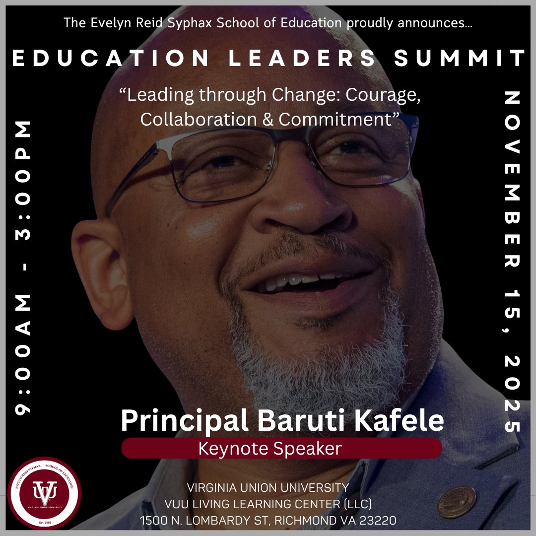 As Dean of Education <a href="/VAUnion1865/">Virginia Union</a>, we're super excited about our first-ever Education Leaders Summit 2025 with keynote speaker <a href="/PrincipalKafele/">Principal Kafele</a>! It's not too late to register: fundraise.givesmart.com/f/5qj9/n?vid=1…
