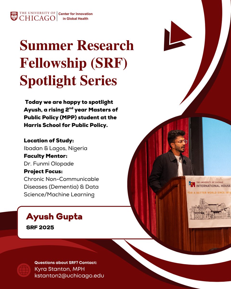UofC_CGH's tweet photo. Today we are spotlighting Ayush, a 2nd year MPP candidate at @HarrisPolicy. He worked with Dr. Funmi Olopade &amp; partners at Lagos State University &amp; University College Hospital in Nigeria. He focused on magnetic resonance imaging-based hippocampal volumetry in dementia patients. https://t.co/gMaOHFeA7D