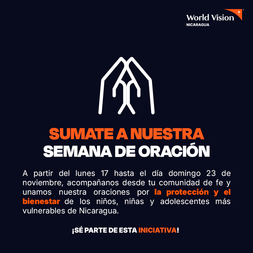 WorldVisionNic's tweet photo. ¿Sabías que el próximo 20 de noviembre se cumple el 36 aniversario de la Convención sobre los Derechos de la Niñez? 🗓️

Queremos conmemorar esta fecha de una manera muy especial: unir nuestras voces para orar por la protección de la niñez nicaragüense. 🧡 https://t.co/PicpKt8p3N