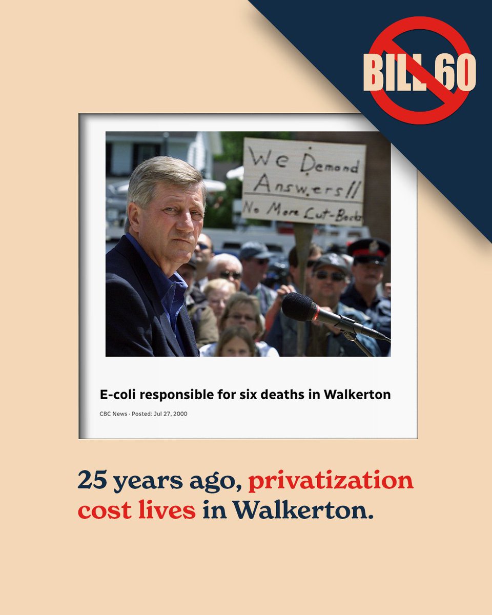 CUPEOntario's tweet image. Twenty-five years ago, Walkerton showed what happens when oversight disappears.

Seven people died. Thousands got sick. And Ontario vowed, Never Again.

Now, Bill 60 risks taking us backward — letting private corporations run our drinking-water systems and weakening the public…