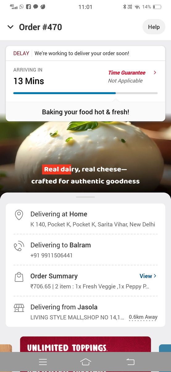 balram_sharma's tweet photo. @dominos We ordered pizza at 10PM &amp; now at 11 PM it is still showing 13 minutes...@dominos if you can't deliver then pls deny or don't accept order at least no one should wait in night for nothing...its ridiculous https://t.co/E6johIx6UM