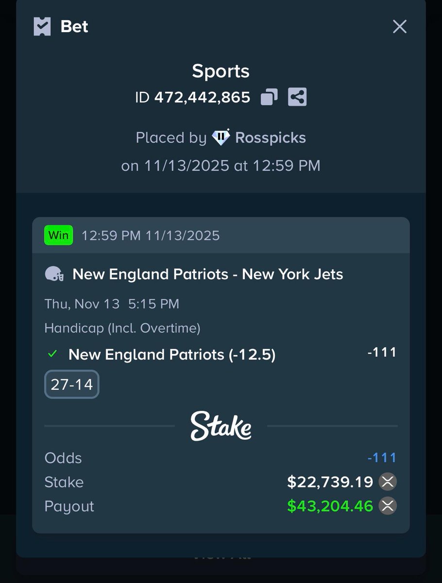 🔥 GAVE THIS PLAY OUT FREE ON live STREAM… @stake <a href="/Stake/">Stake.com</a>Eddie 
AND IT SMACKED IN THE MOST CRAZY SUSPENSE EVER 🔥

Patriots -12.5 🏈💰

$22,739 → $43,204 CASHED 💸💸

🫂Follow @rosspicks &amp; <a href="/demize21/">DeMize</a>

Rt + like and tag 3 friends in comment👇