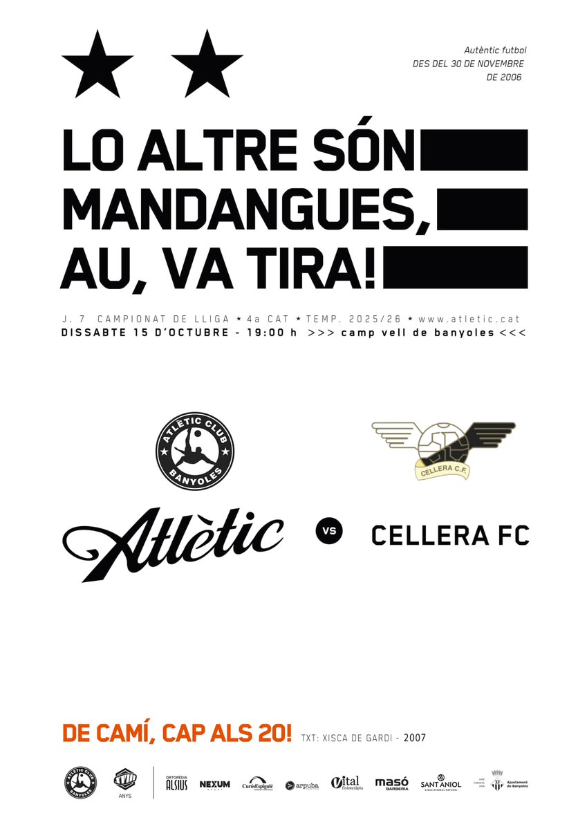 EL PÓSTER. Un homenatge a les escriptures sagrades de l'<a href="/atletic_club/">Atlètic Club Banyoles</a>, el blog Xisca de Gardi impulsat per l'exporter Marc Zamora, l'escriptor Miquel Aguirre, Joan Olivas o  Quim Nàndez, per anunciar el partit amb el <a href="/cellera_cf/">CelleraCF</a> d'aquest dissabte #AmuntCollons #Decamícapal20