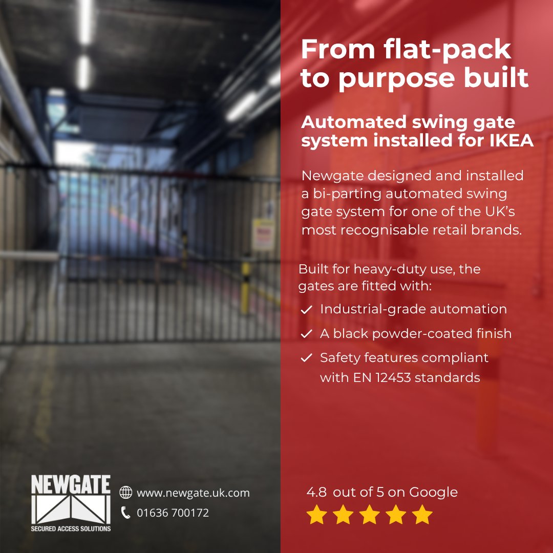 Newgate_Ltd's tweet image. Our team delivered a bi-parting automated swing gate system for IKEA, designed for heavy-duty use and full EN 12453 compliance.

🔗 newgate.uk.com/sectors/retail…

#RetailOperations #FacilitiesManagement #SiteSecurity