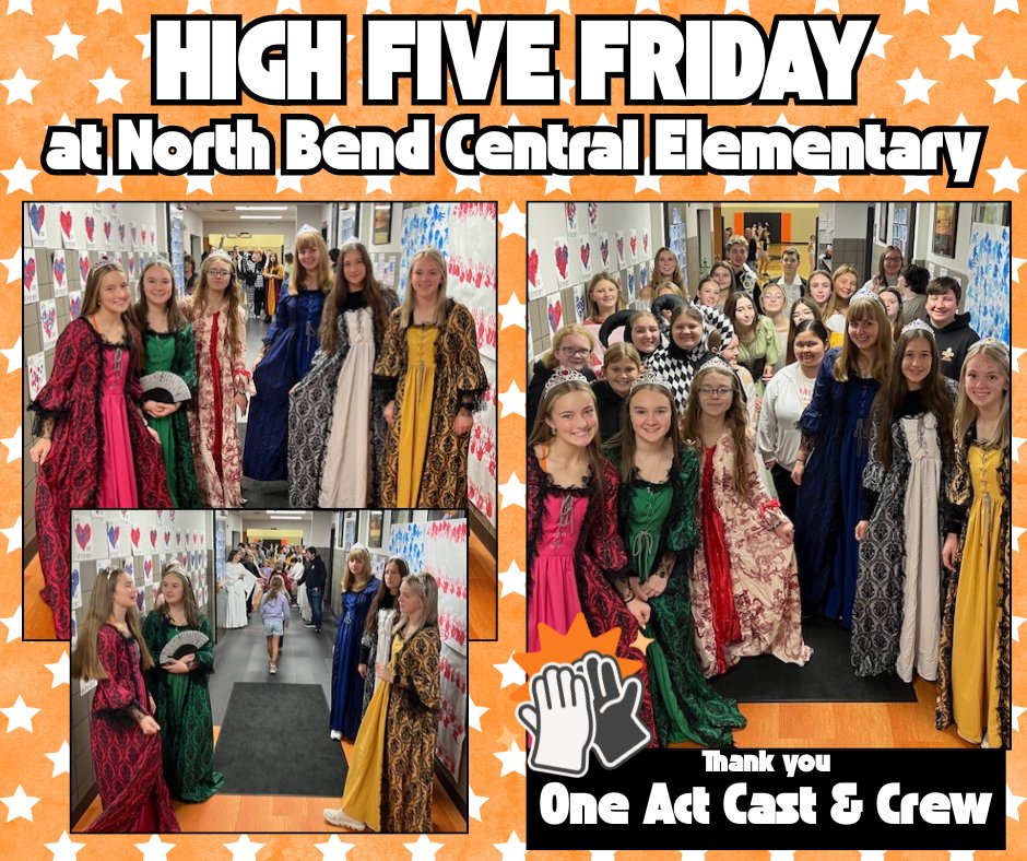 High Five Friday brought the drama today! 👑
The NBC One-Act cast and crew of Queens kicked off their morning at the elementary school, greeting students with smiles and plenty of high fives.

Check out the production this weekend at NBC:
📣 Saturday at 7 PM
📣 Sunday at 2 PM