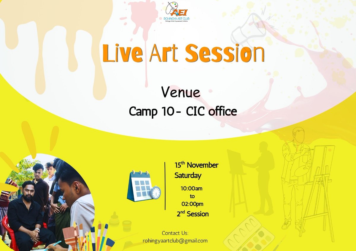 RohingyaArtClub's tweet photo. You are warmly invited to join our Live Art Session tomorrow at Camp 10 CIC office. All art materials will be provided, and everyone is welcome to participate regardless of age or gender. You can explore your creativity, and even get a sketch of yourself created by our artists. https://t.co/hZMVD5S4Vl