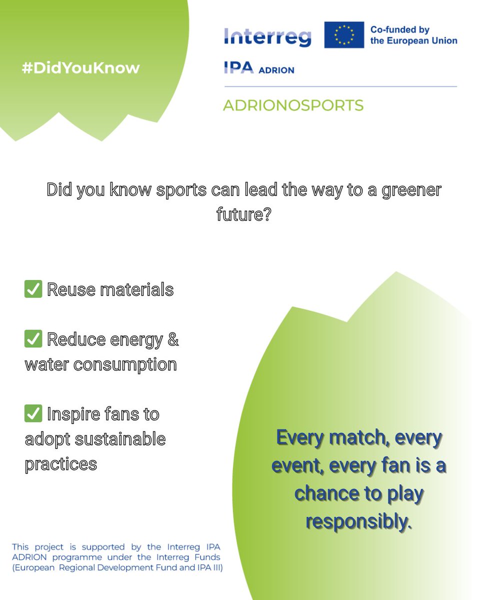 ADRIONOSPORTS's tweet photo. From stadiums to events, sports can lead in sustainability. Let’s balance passion &amp; performance with responsibility. #GreenSports #CircularThinking
#ADRIONOSPORTS #PlayGreen #CircularSports
#InterregADRION #SportForSustainability #CircularEconomy #SustainableSports https://t.co/3RK1TpWdlp