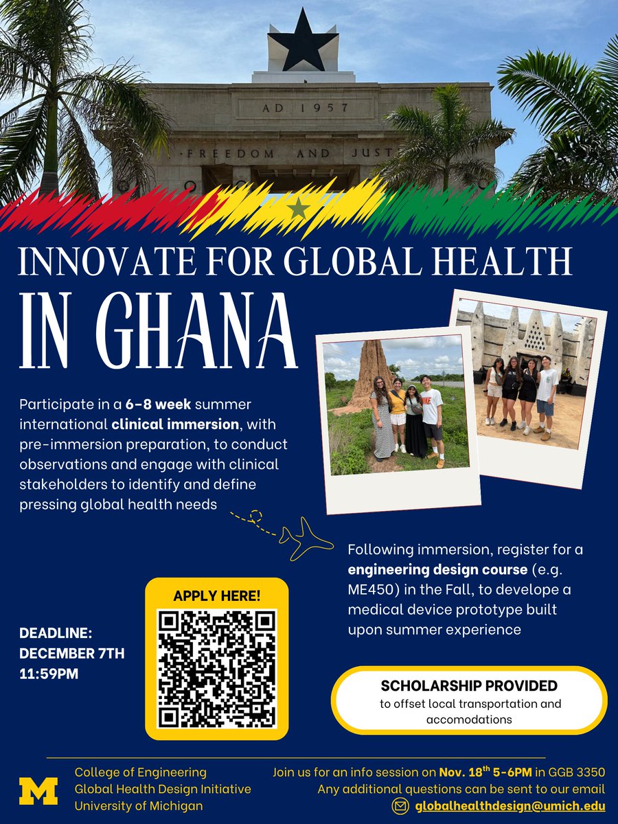 _UMGHDI's tweet image. Do you want to apply #engineeringdesign to innovate for #globalhealth?  Are you interested in getting immersed in a clinical environment in #Ghana? Apply by December 7 to participate in the Global Health Design Initiative program: forms.gle/ZAJteFgGFu1T4w…