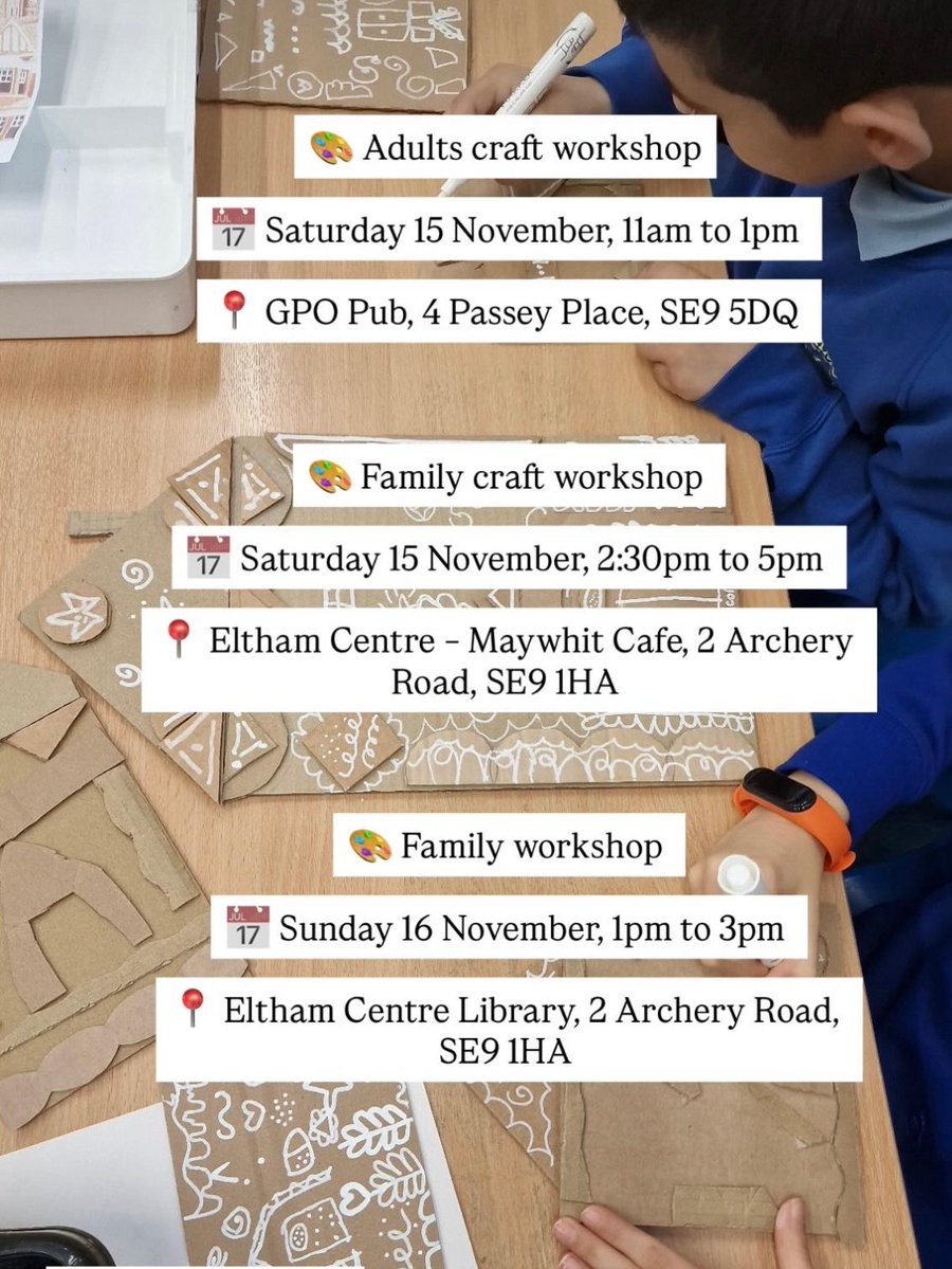 ElthamArts's tweet image. FREE festive arts and crafts workshops THIS WEEKEND!
Join us to create unique art pieces that will be showcased in a magical festive art trail at locations up and down #Eltham High Street from 22 November❄️

@ElthamGPO @Royal_Greenwich @ElthamLibrary 
#community #art #SE9