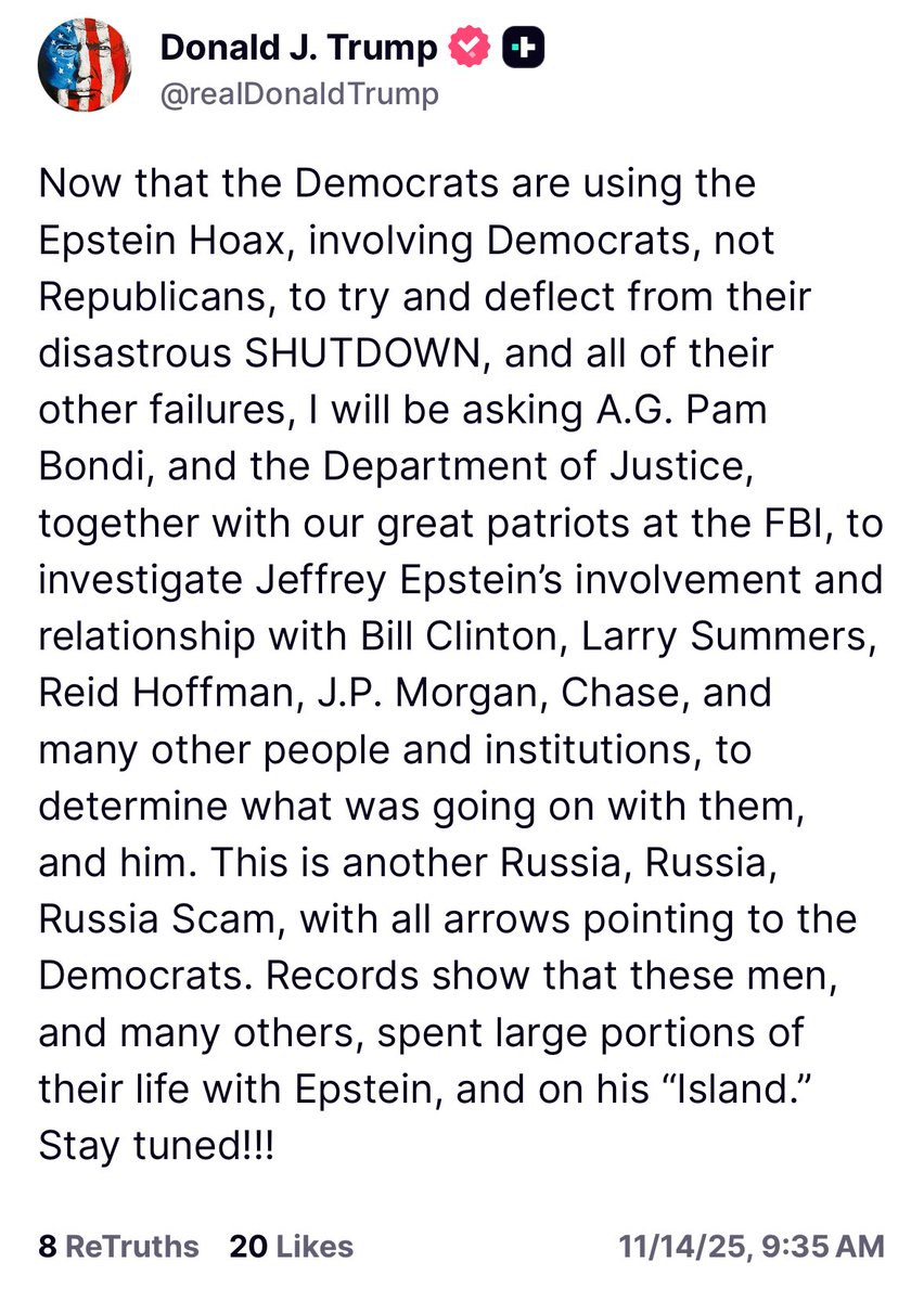 Breaking! The Epstein Files have been upgraded to the Epstein Hoax by <a href="/realDonaldTrump/">Donald J. Trump</a>.