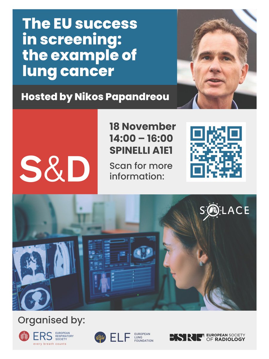 EuEsr's tweet photo. 📢Join us for the European Parliament event “The EU success in screening: the example of lung cancer” and learn more about the role of EU-funded projects like SOLACE.
 
 📅 18 November 2025, 14:00–16:00
 📍 European Parliament, Brussels
 ➡️ Register: https://t.co/5k4jBMOWhm https://t.co/PbANjK2KJ8