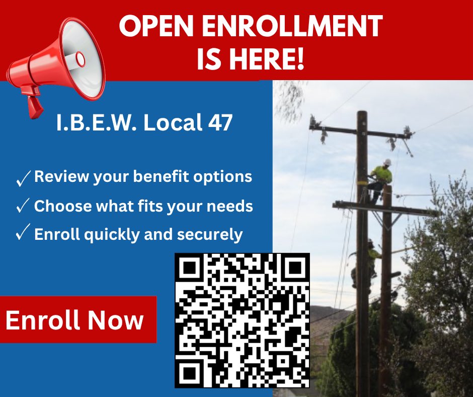 Open Enrollment is LIVE! 🔔

IBEW Local 47 members — now’s the time to review your voluntary benefits and get covered. 💪

— check out this year’s voluntary benefits 👇

•Group Legal Plan
Get access to a nationwide attorney network for personal legal needs.

•Aura ID Theft
