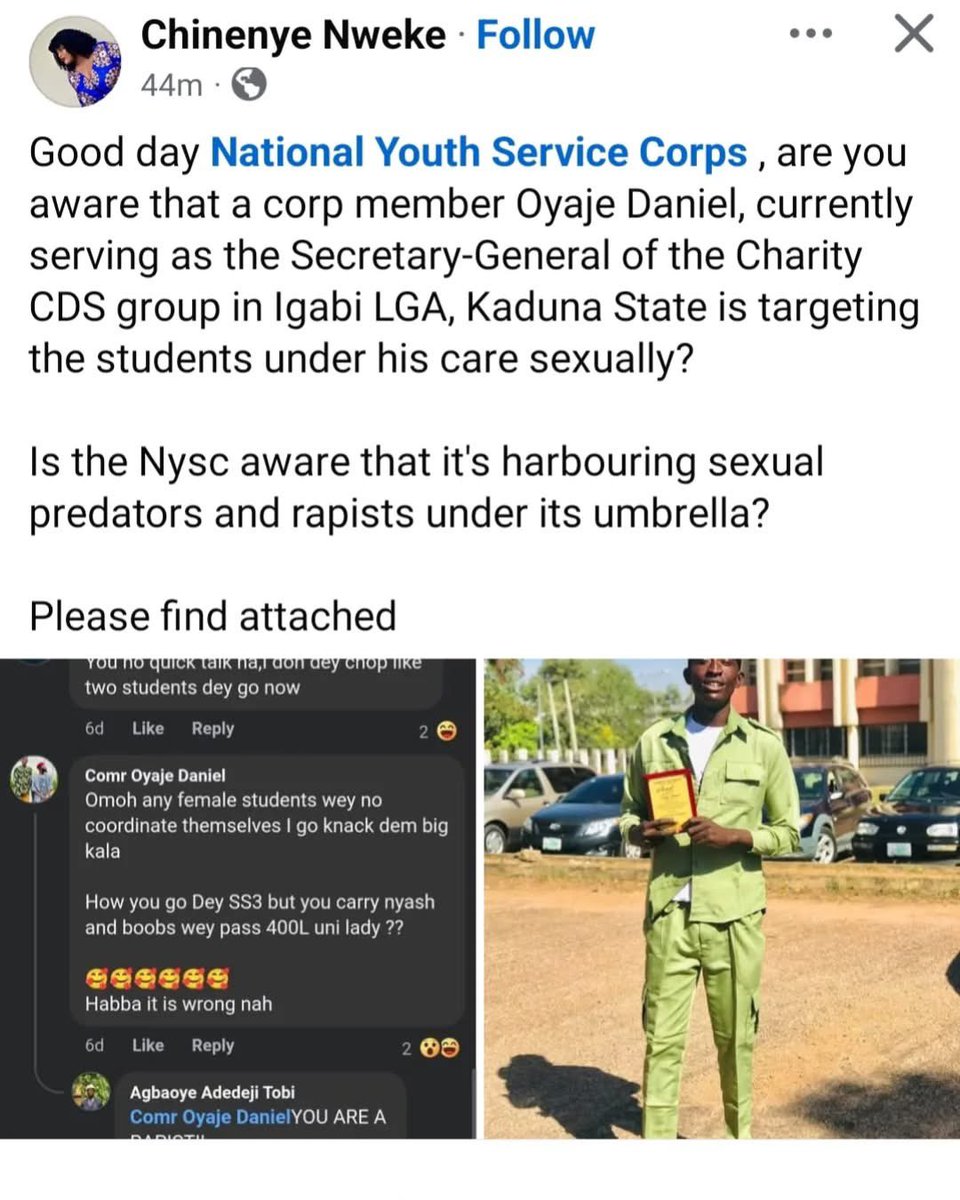 Kolaqhazim's tweet image. Male NYSC member’s joke about sleeping with female students causes worry and backlash. #NYSCScandal #ProtectStudents
