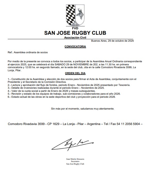 #INFORMACION
El próximo sábado 29 de noviembre se realizará en el club desde las 11:30hs la Asamblea Anual Ordinaria correspondiente al ejericicio 2025.