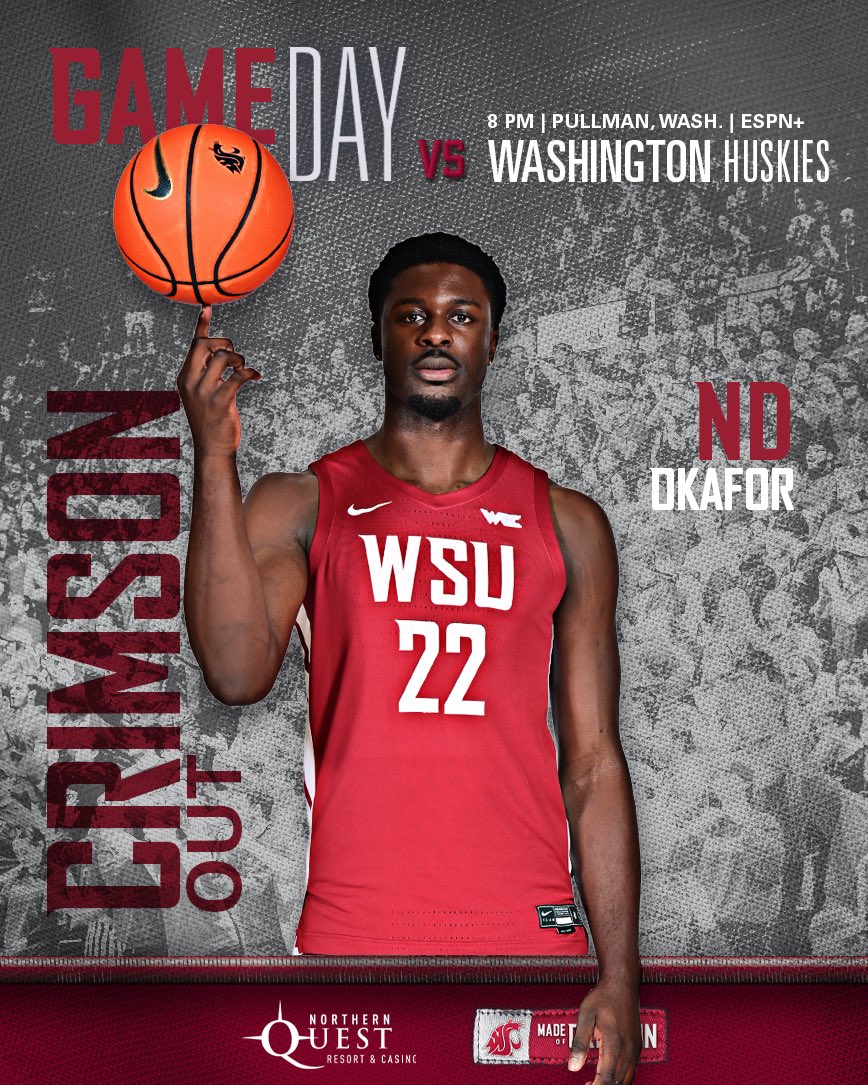 WSUCougarsMBB's tweet photo. It’s Cougar game day! Wear your crimson and be in Beasley!

The 301st all-time game between WSU vs Washington tips off at 8 pm on ESPN+ presented by @NorthernQuest 

#GoCougs #MadeOfCrimson https://t.co/9UltE3AJtB