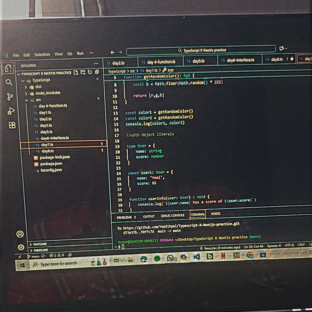 yemith_DEV's tweet image. Day 7 of 30days of code! 🎉 

I learnt about type aliases with tuples and object literals. 

So its basically a way to store a type in a variable so you can reuse it!. Pretty similar to interface but can create more types!.✨ 🧑‍💻

#30daysofcode #typescript #webdev #buildinpublic