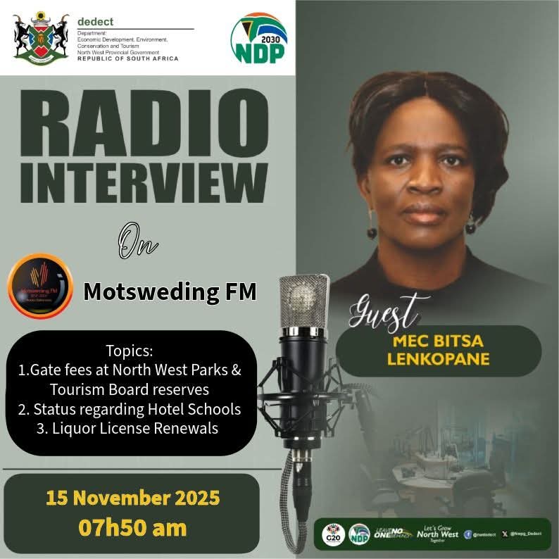 Radio Interview🎙MEC Lenkopane will be on Motsweding FM tomorrow, 15/11/2025 | 07h50 for exclusive interview regarding Gate fees at North West Parks &amp; Tourism Board reserves, the status regarding Hotel Schools &amp; Liquor License Renewals for 2026. ​Make sure to catch the discussion