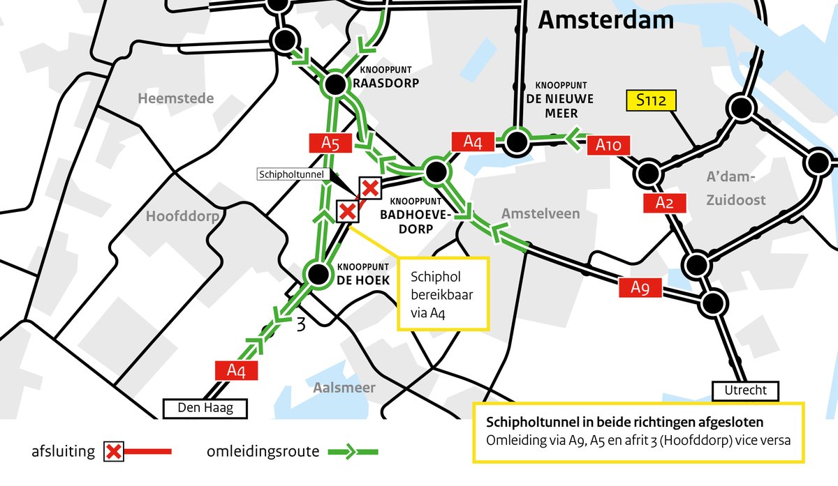 Om 23.00 uur starten we met het onderhoud aan de Schipholtunnel, #A4. De tunnel is in beide richtingen dicht tot zaterdagochtend 05u. Verkeer wordt omgeleid via de A5 en de A9. Schiphol is te bereiken via de A4 aan de kant van Hoofddorp. Deze nacht werken we aan de software.
